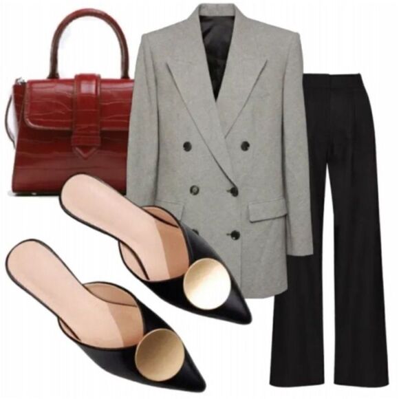 Riveted Black Gold Faux Leather Pointed Toe Flat Mules Shoes - Picture 1 of 15